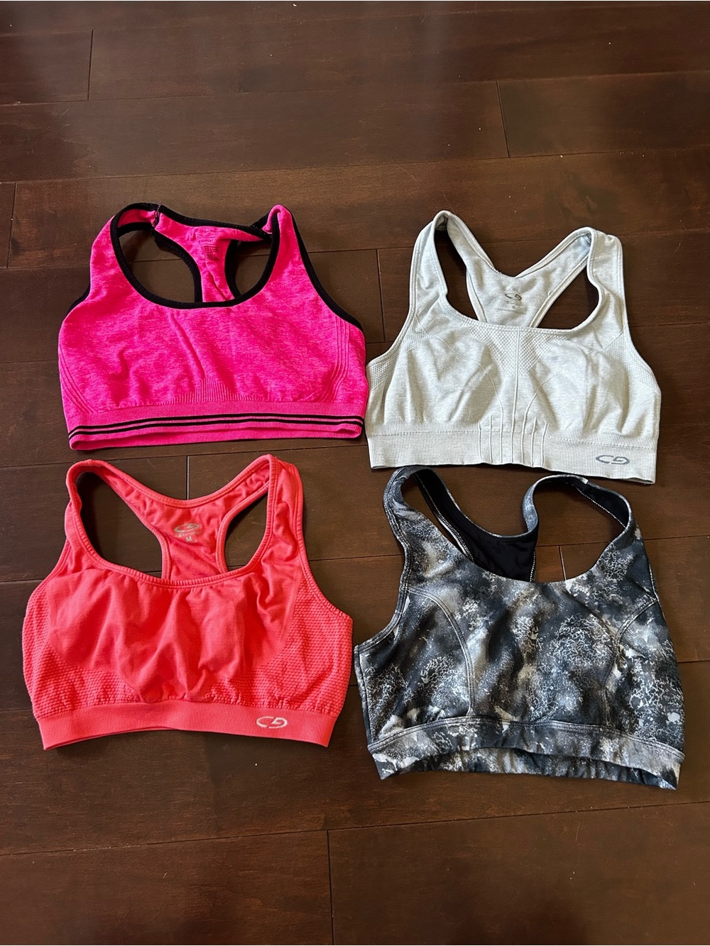 4 Mixed Sports Bras - Pink, Coral, Gray, Black Marble